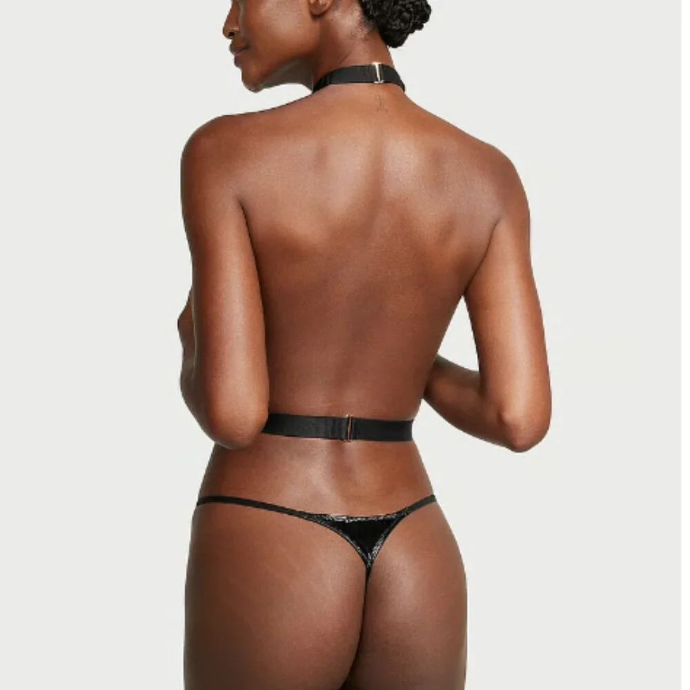 Victoria's Secret Lingerie New Choker Thong XL Faux Black Leather VS One Piece